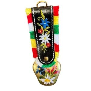 Vintage Hand Painted Brass Swiss Cow Bell Embroidered Christmas Ornament